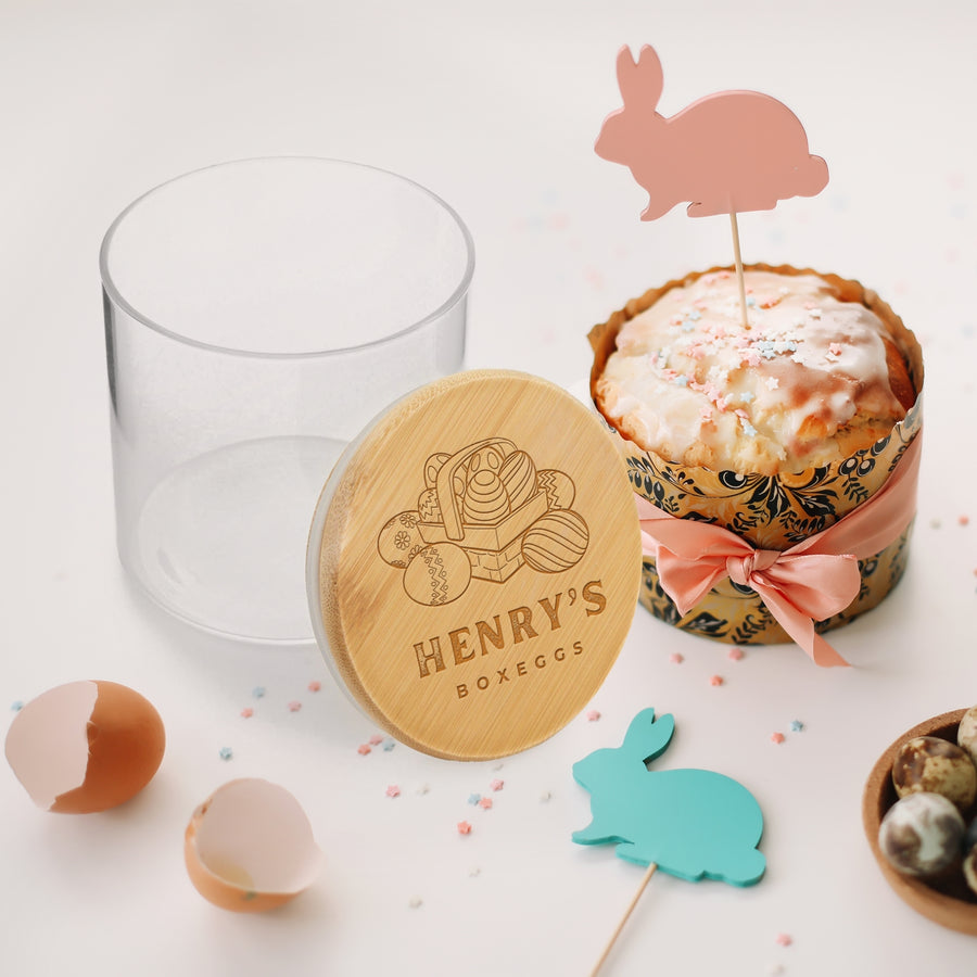 Personalised Wooden Lid Glass Easter Treat Jar, Custom Engraved Bunny Rabbit Egg Food Snack Storage, Cookie/ Lolly Jars, Kid, Teacher Gifts