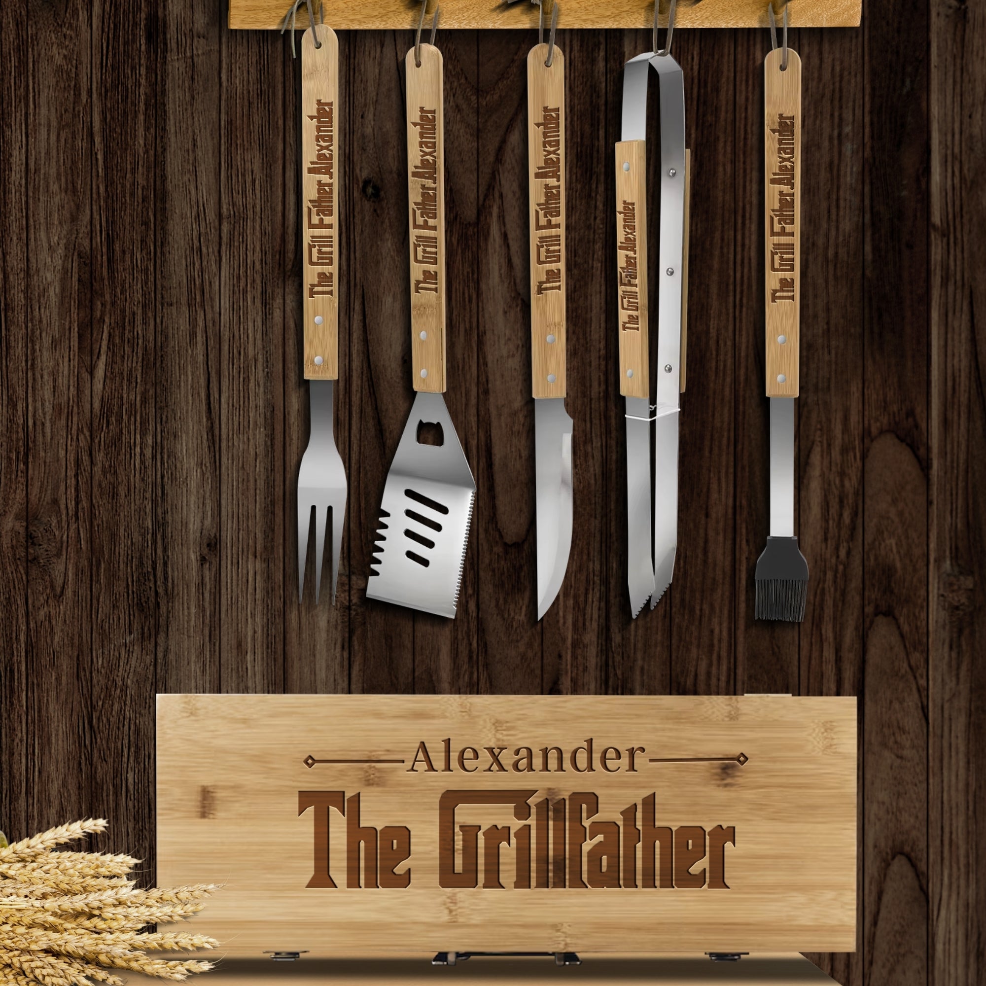 Personalised Bamboo BBQ Tools & Box Set, Custom Engraved Barbecue Utensils Case, Grill Master, Groomsman, Dad, Housewarming, Corporate Gift