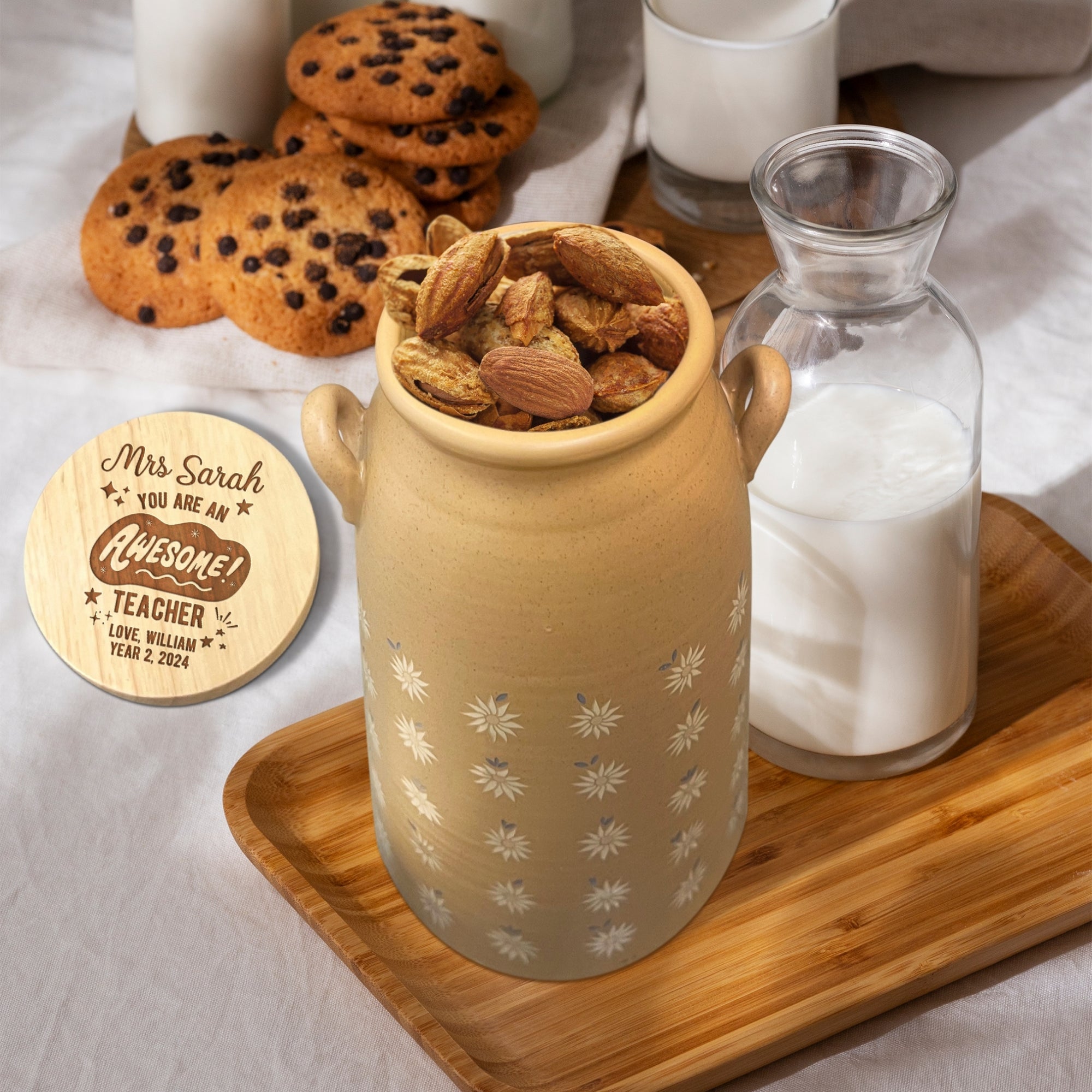 Personalised Wooden Lid Stoneware Canister, Custom Engraved Treat, Food, Snack Jar, Cookie Lolly Storage, Teacher, Anniversary Mom Xmas Gift