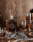Custom Engraved Whiskey Decanter Set, 4 Glasses & Wooden Box, Personalised Logo Barware, Father, Birthday, Groomsmen Wedding Corporate Gift