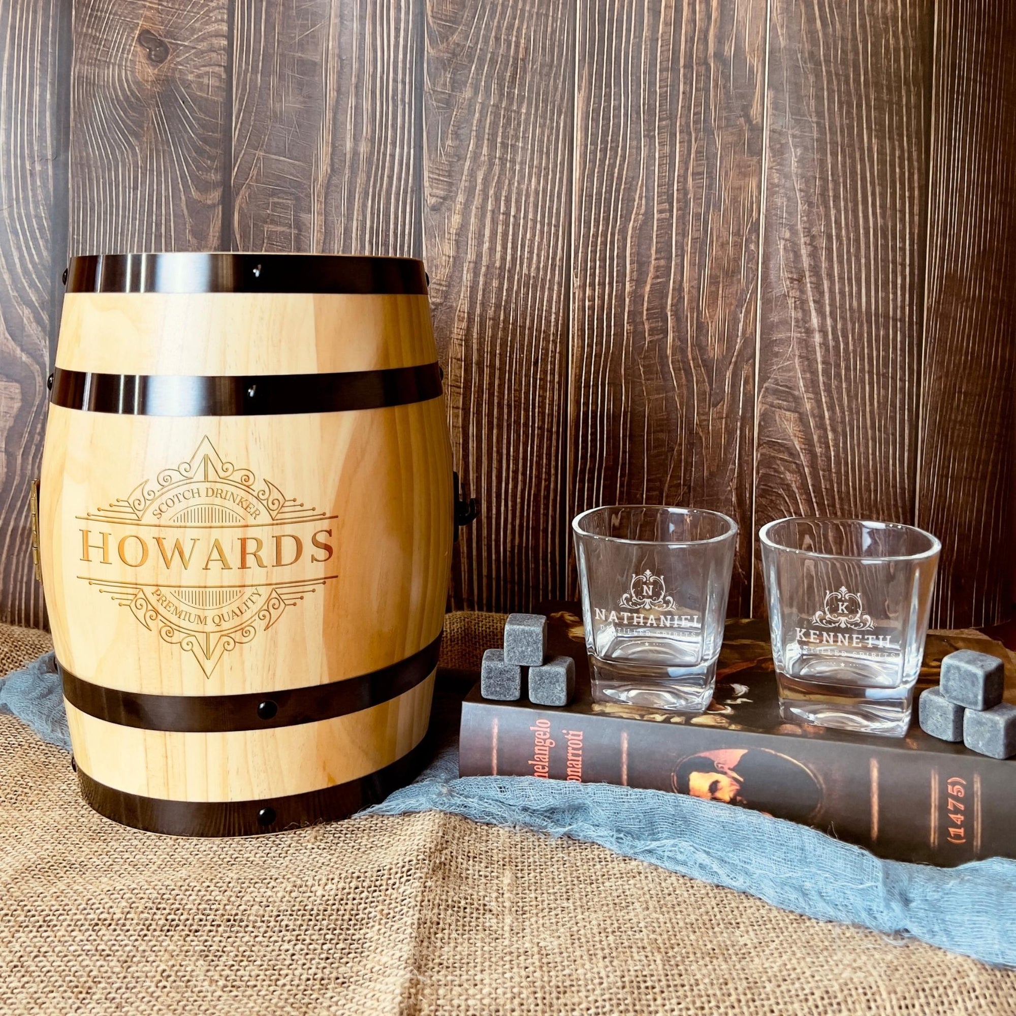 Personalised Wooden Barrel Whiskey Box, 2 Glasses, 6 Ice Stones | Custom Engraved Logo Barware Set, Dad Groomsmen, Birthday, Christmas Gift