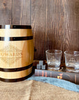 Personalised Wooden Barrel Whiskey Box, 2 Glasses, 6 Ice Stones | Custom Engraved Logo Barware Set, Dad Groomsmen, Birthday, Christmas Gift