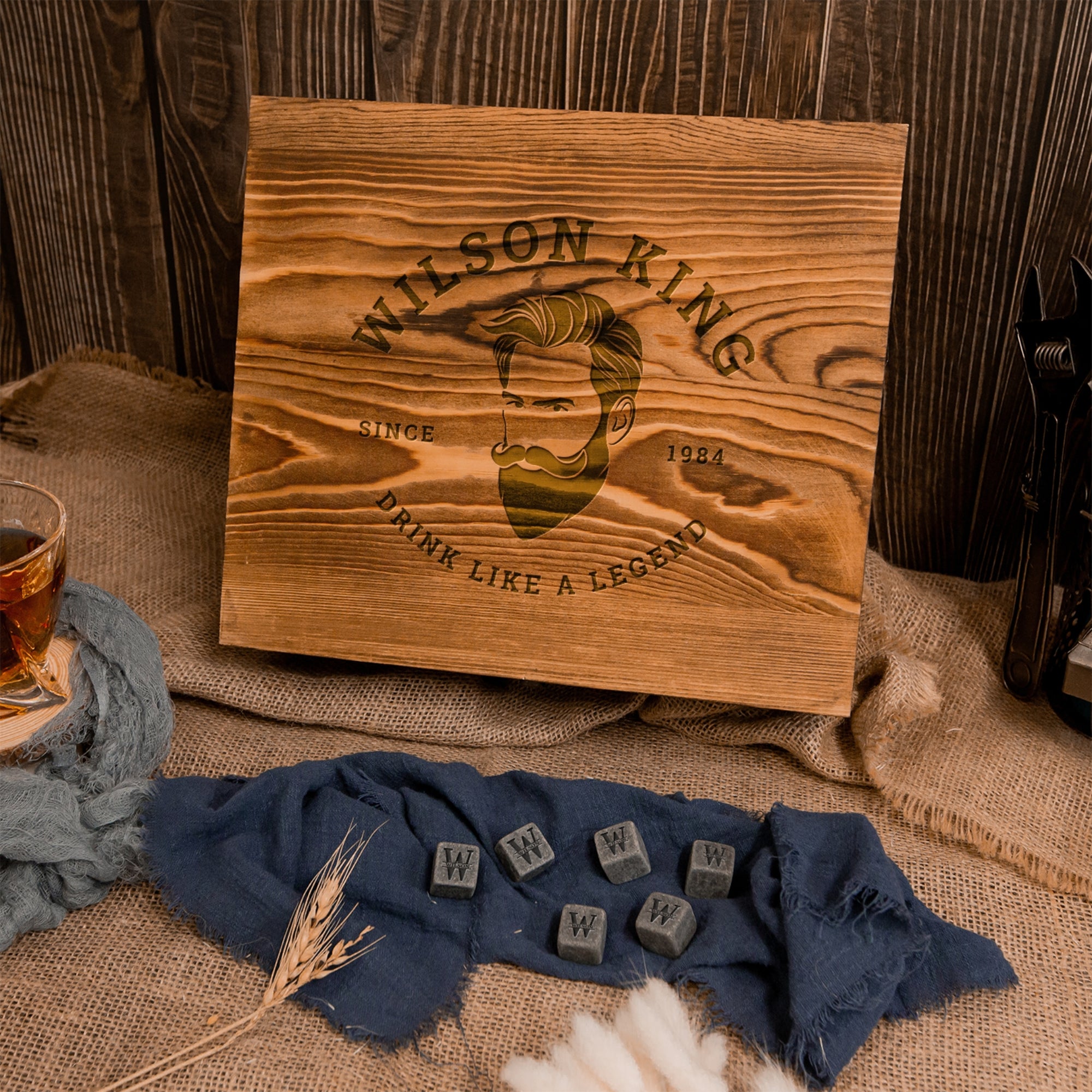 Engraved Whiskey Wooden Box - Square Cut Decanter, 2 Scotch Glasses & 6 Ice Stone Personalised Logo Barware Set, Groomsman Dad Birthday Gift