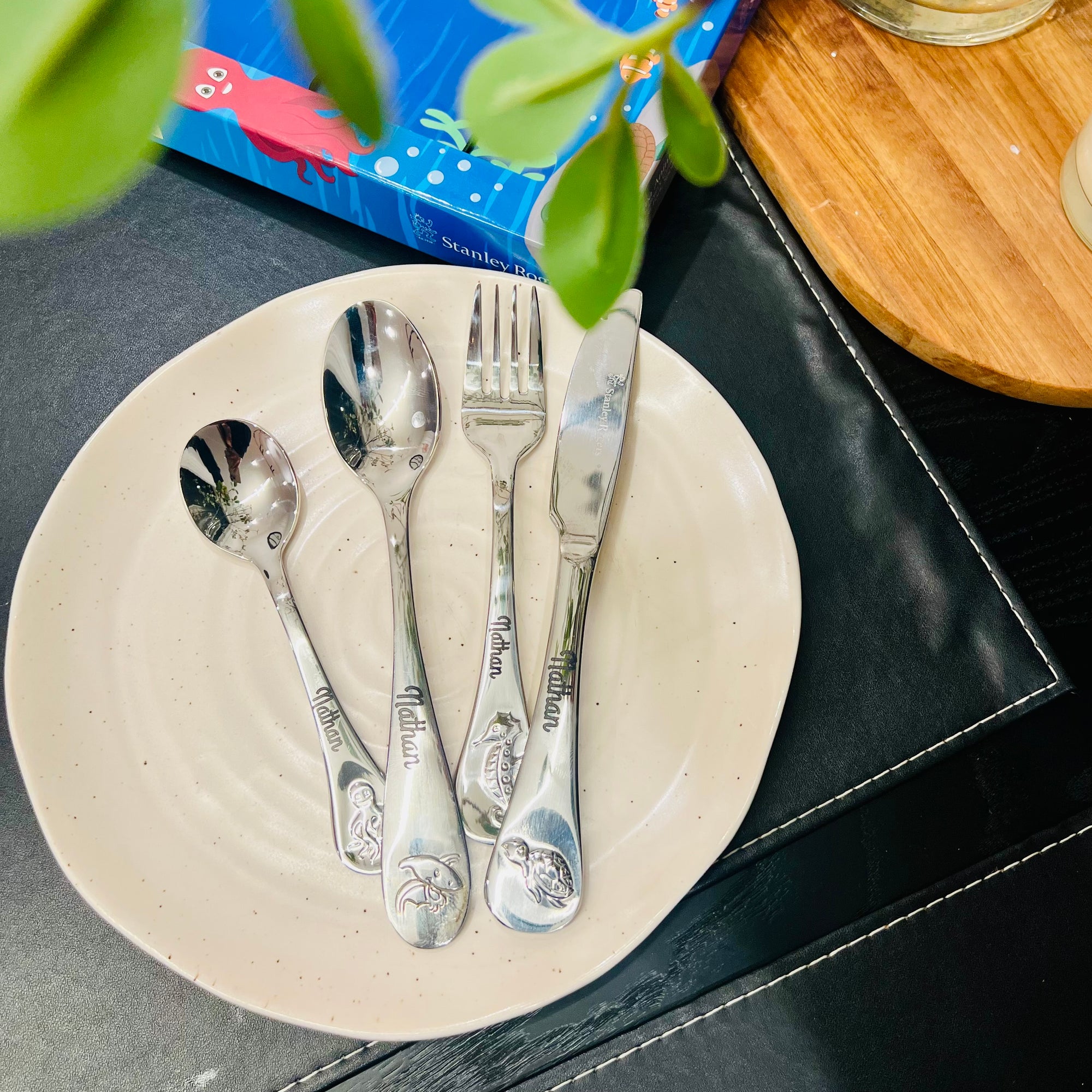 Custom Engraved Kid's Cutlery 4 Piece Set, Personalised Children Name Spoons, Fork, Knife/ Daycare Dining Tools, First Birthday Baptism Gift