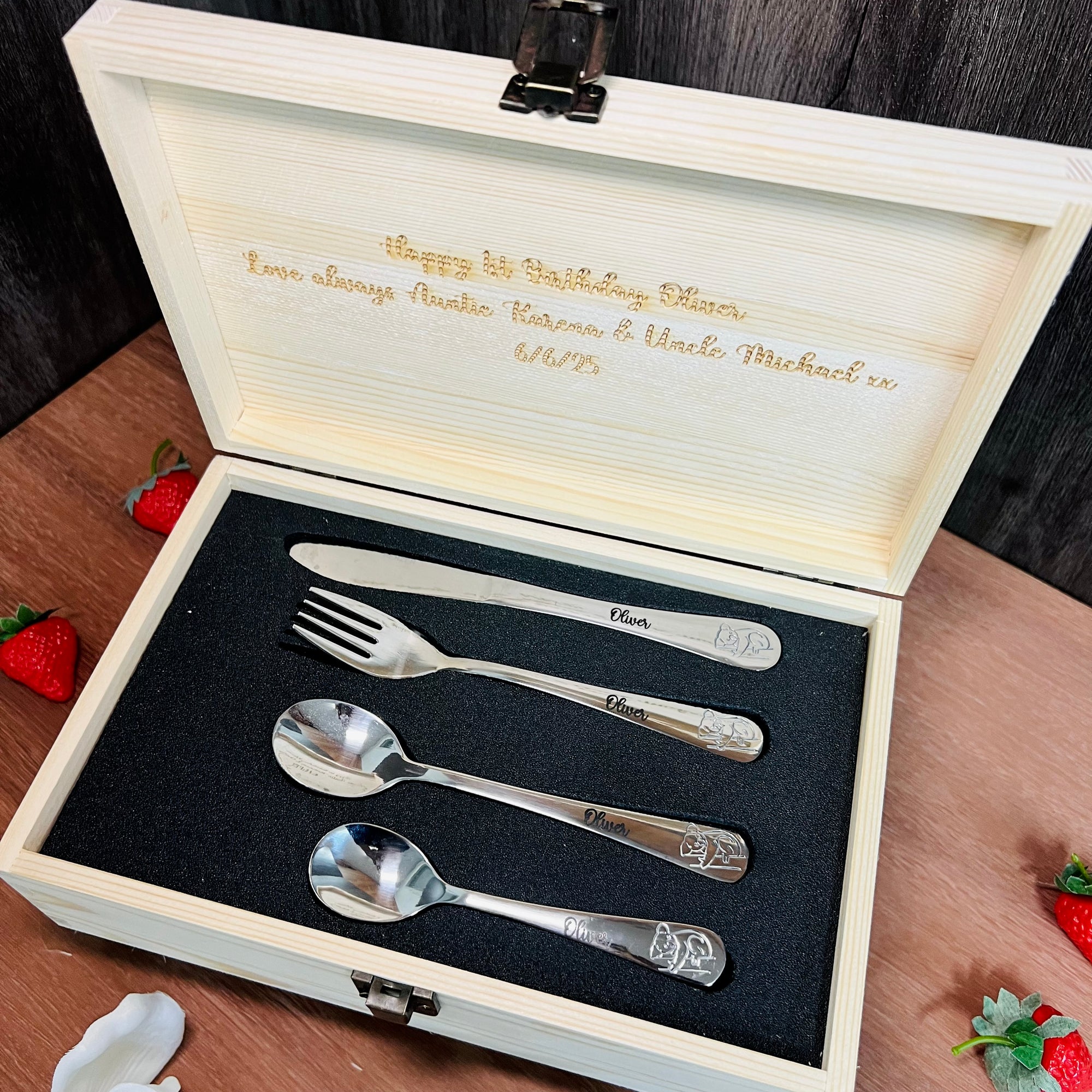 Personalised Kid's Cutlery 4 Piece & Wooden Gifted Box Set, Custom Engraved Children Name Utensils, First Birthday, Christening Baptism Gift