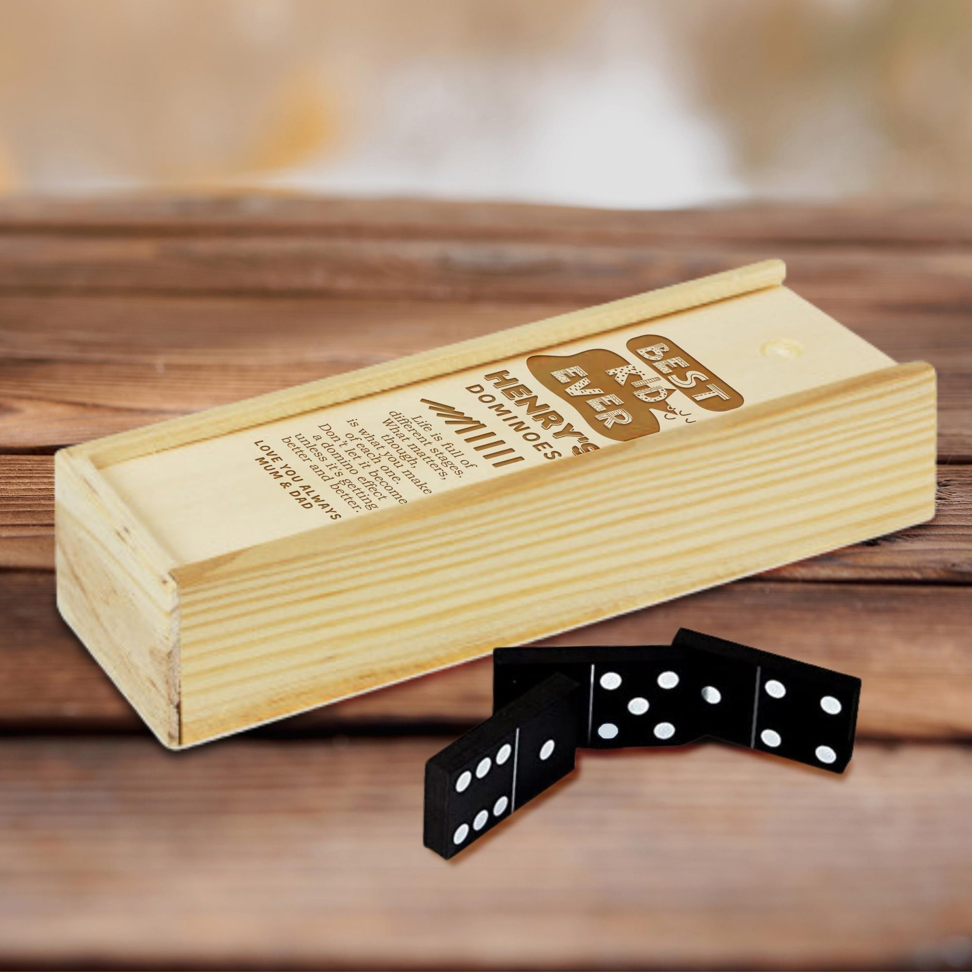 Personalised Wooden Domino Box, Engraved Tile Game, Family Party Interactive Dice Board Games, Custom Timber Children Dominoes, Kid Birthday, Father's Day Gift Set