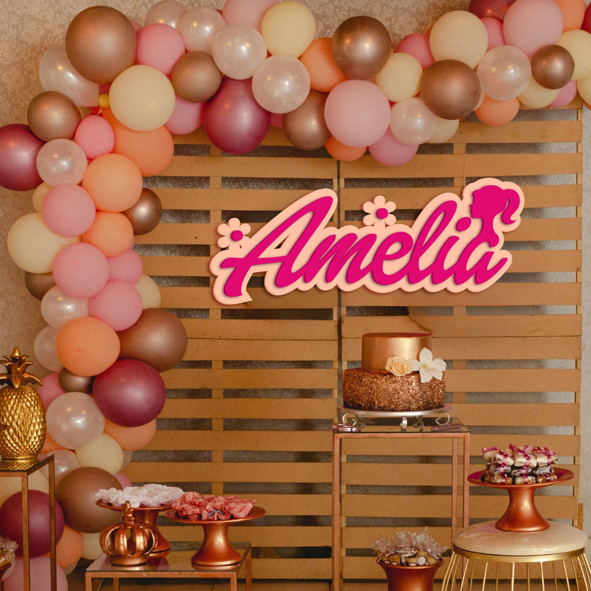Custom Acrylic 3D Double Layer Barbie & Flower Icon Script Name Sign, Personalised Mirror Kid Nursery Wall Decor, Wedding, Birthday, Bridal Shower Signage