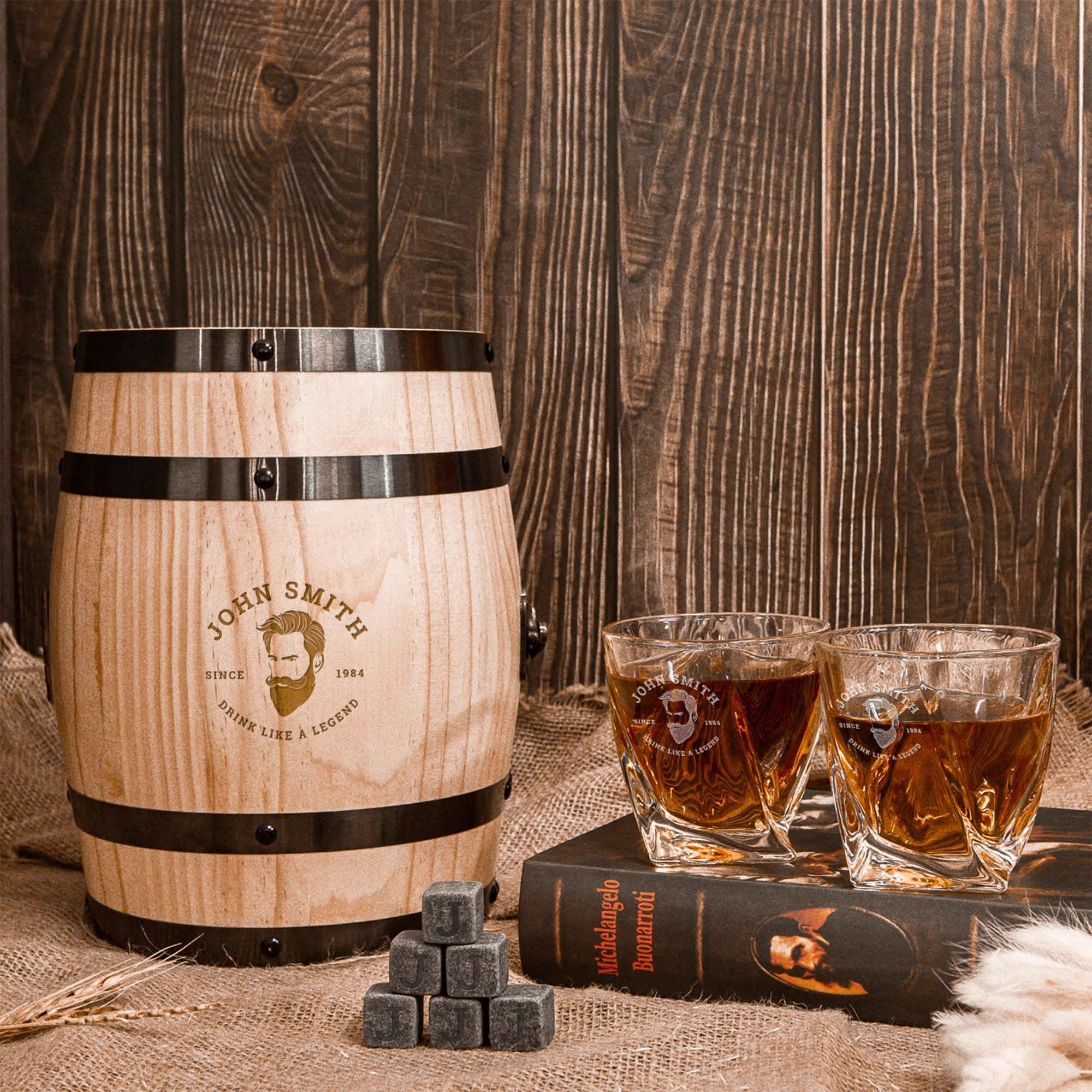 Personalised Wooden Barrel Whiskey Box, 2 Twisted Glasses, 6 Ice Stones | Custom Engraved Barware Set, Father, Groomsmen, Housewarming Gift