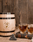 Personalised Wooden Barrel Whiskey Box, 2 Twisted Glasses, 6 Ice Stones | Custom Engraved Barware Set, Father, Groomsmen, Housewarming Gift