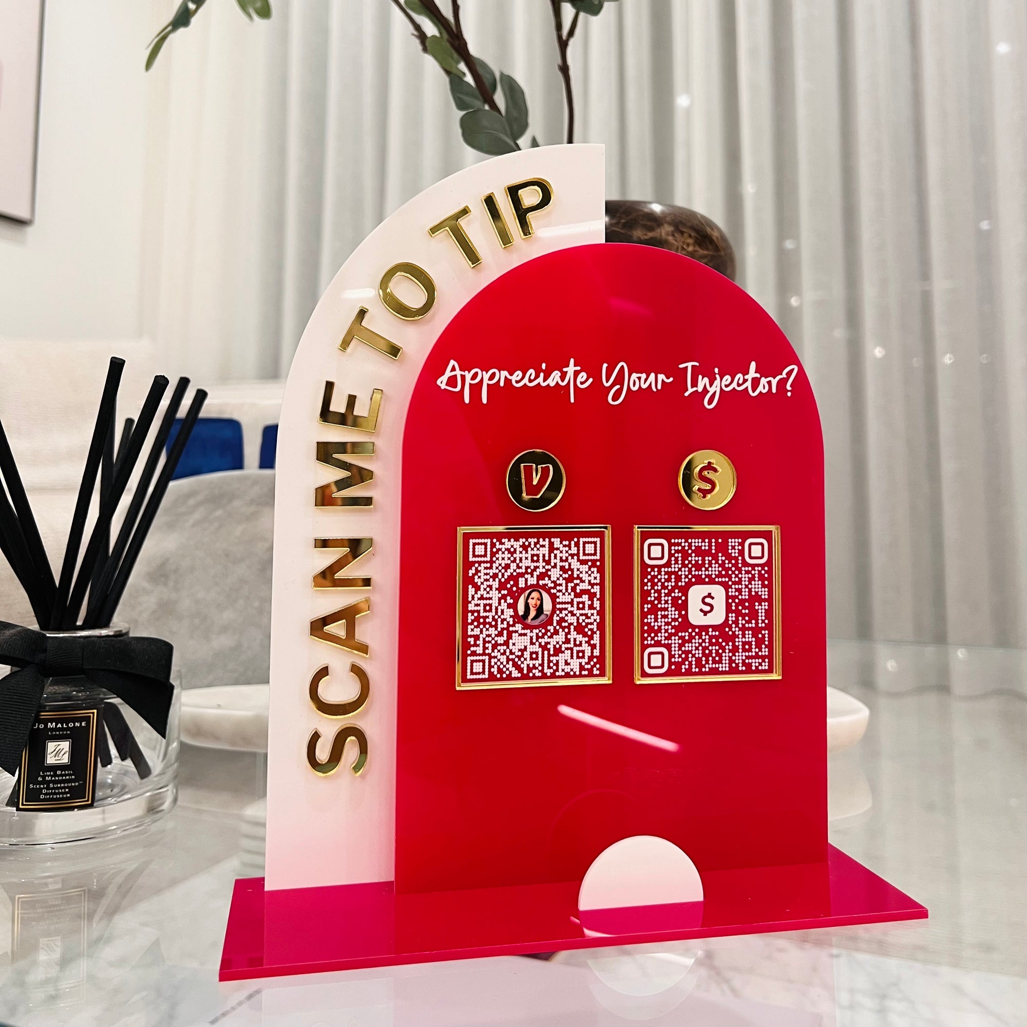 Personalised 3D Raised Acrylic Arch QR Code Social Business Sign & Card Holder, Custom Spa, Beauty, Cafe, Retail, Reception Display Signage