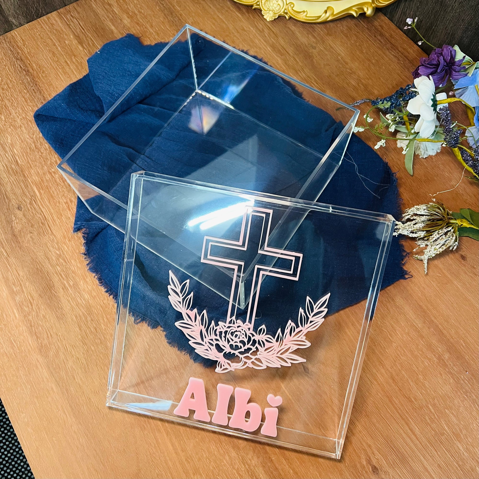 Personalised 3D Raised Acrylic Name Clear Christening Box, Custom Made Transparent Blue Baptism Memory Box First Birthday Baby Keepsake Gift