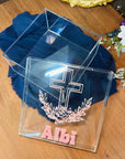 Personalised 3D Raised Acrylic Name Clear Christening Box, Custom Made Transparent Blue Baptism Memory Box First Birthday Baby Keepsake Gift