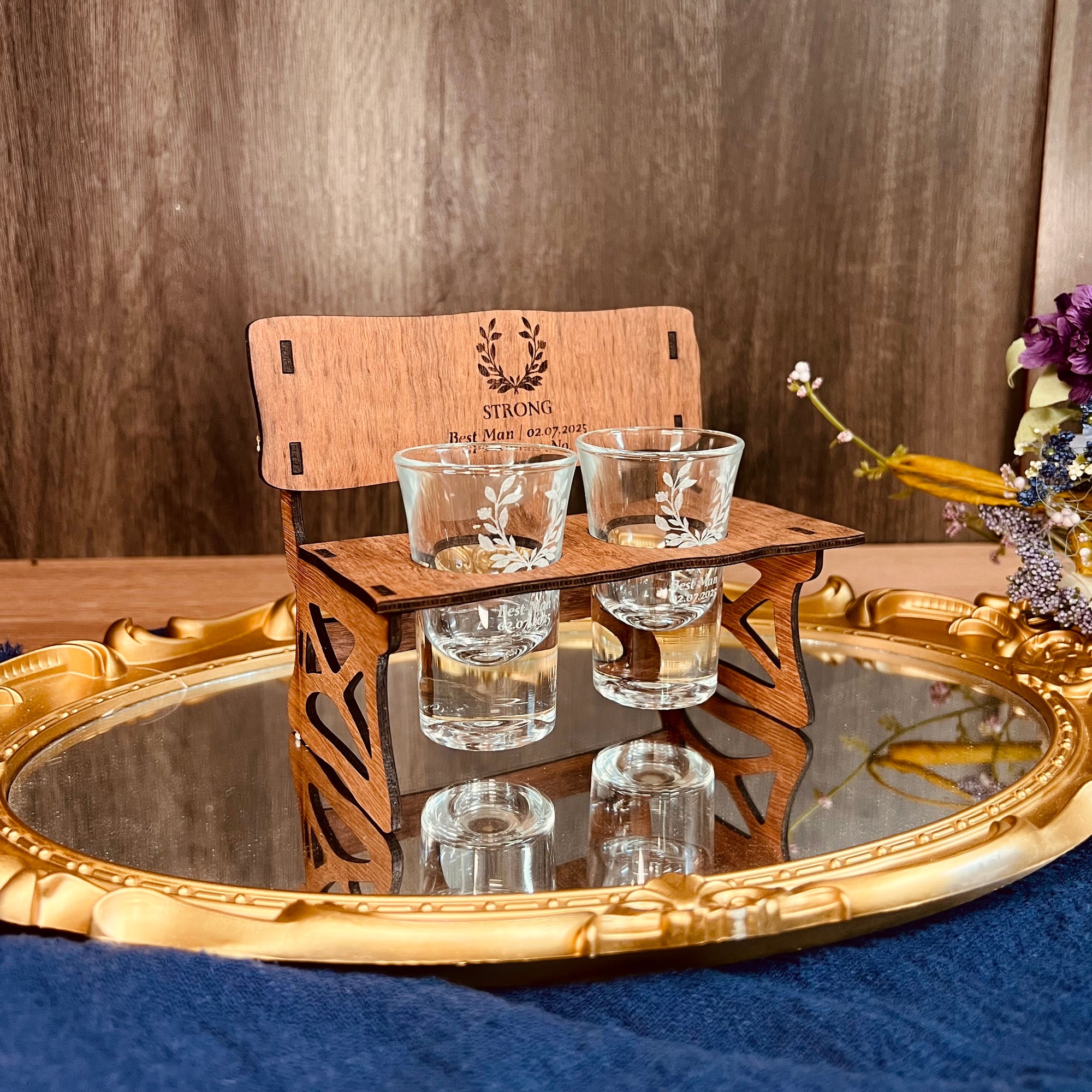 Personalised 2 Crystal Shot Glasses & Custom Engraved Mini Wooden Bench Chair Set, Bridesmaid Groomsman, Couple Wedding, Xmas Corporate Gift