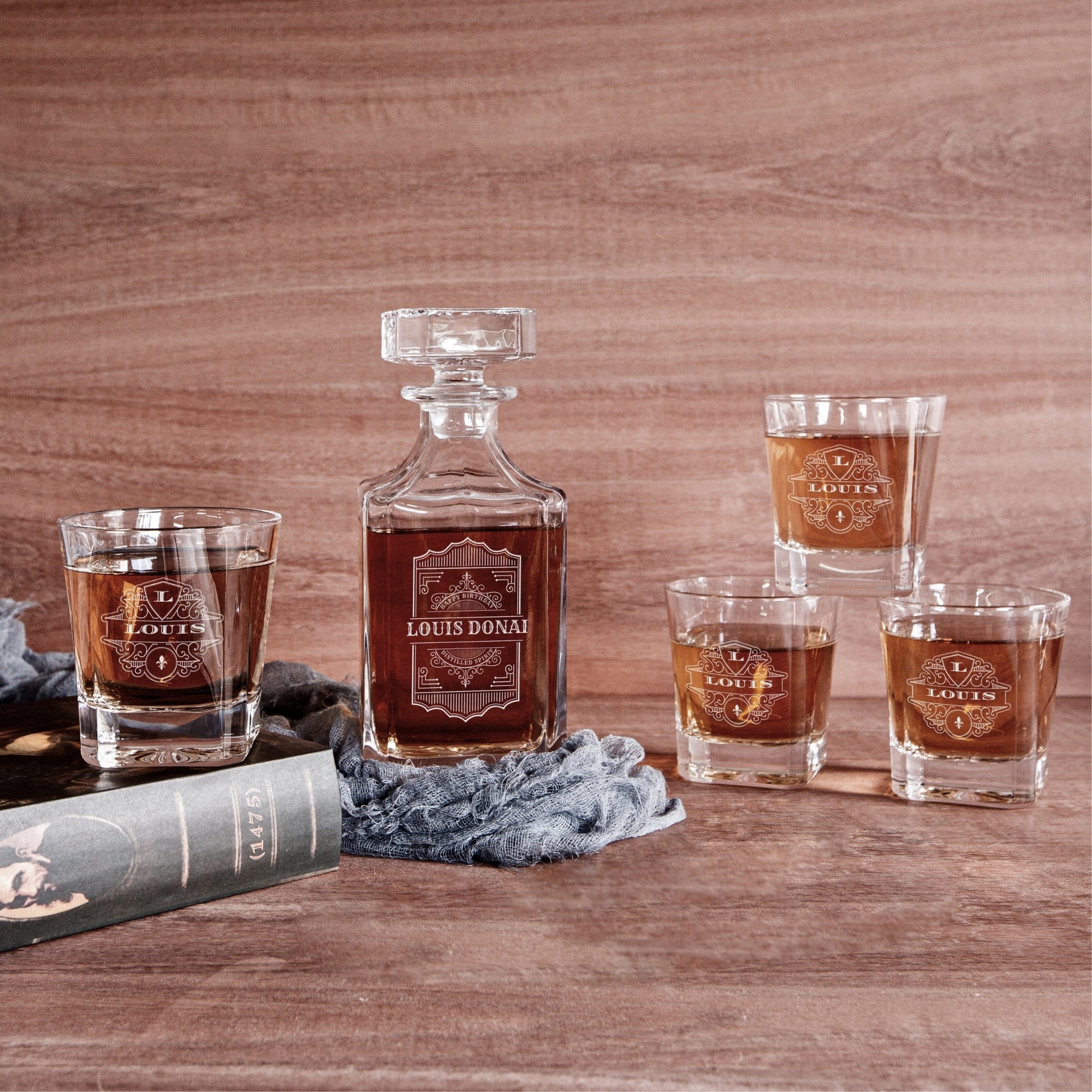 Personalised Square Whiskey Decanter & 6 Scotch Glasses Box Set , Custom Engraved Whisky Barware, Housewarming, Groomsmen, Dad Birthday Gift