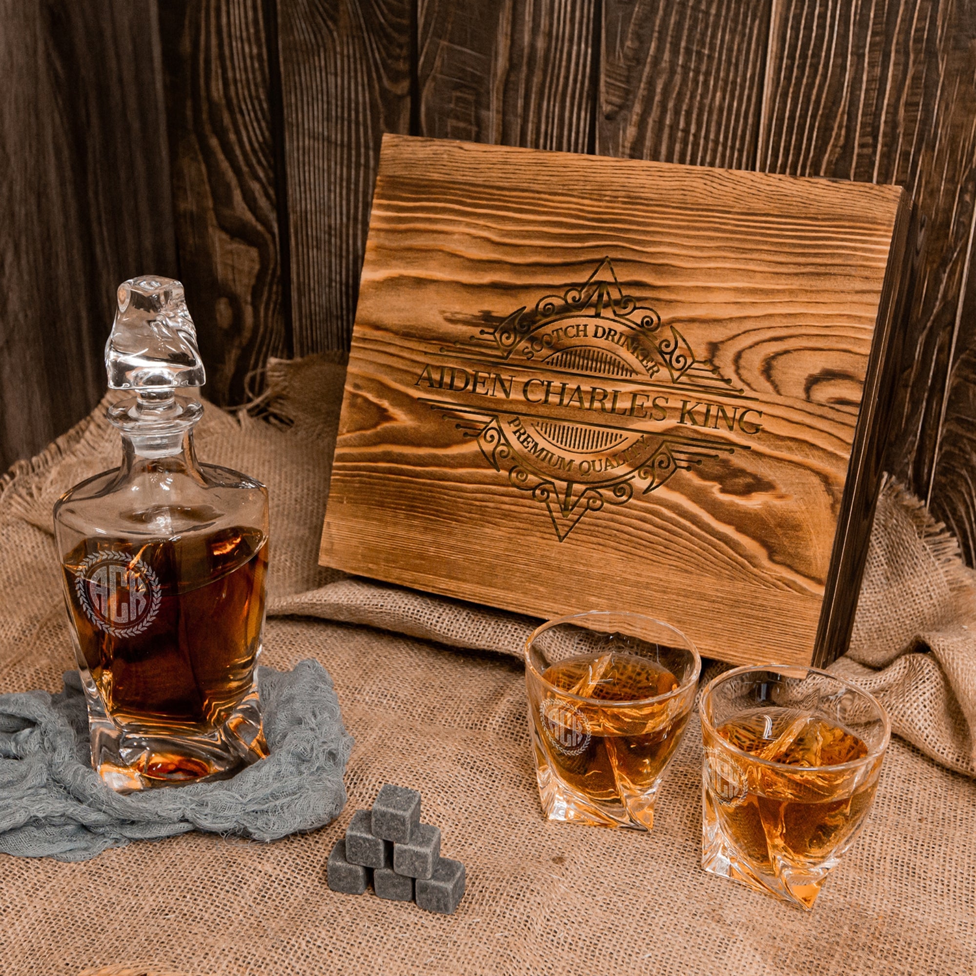 Engraved Whiskey Wooden Box - Twisted Decanter, 2 Scotch Glasses & 6 Ice Stones Personalised Barware Set, Groomsman, Father's Day, Xmas Gift
