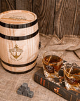 Personalised Wooden Barrel Whiskey Box, 2 Twisted Glasses, 6 Ice Stones | Custom Engraved Barware Set, Father, Groomsmen, Housewarming Gift