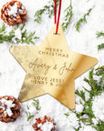 Personalised Mirror Acrylic/ Wood Tree Star Ornament, Engraved Custom Name Mr & Mrs First Christmas Married New Home, Bauble Gift Tag Decor