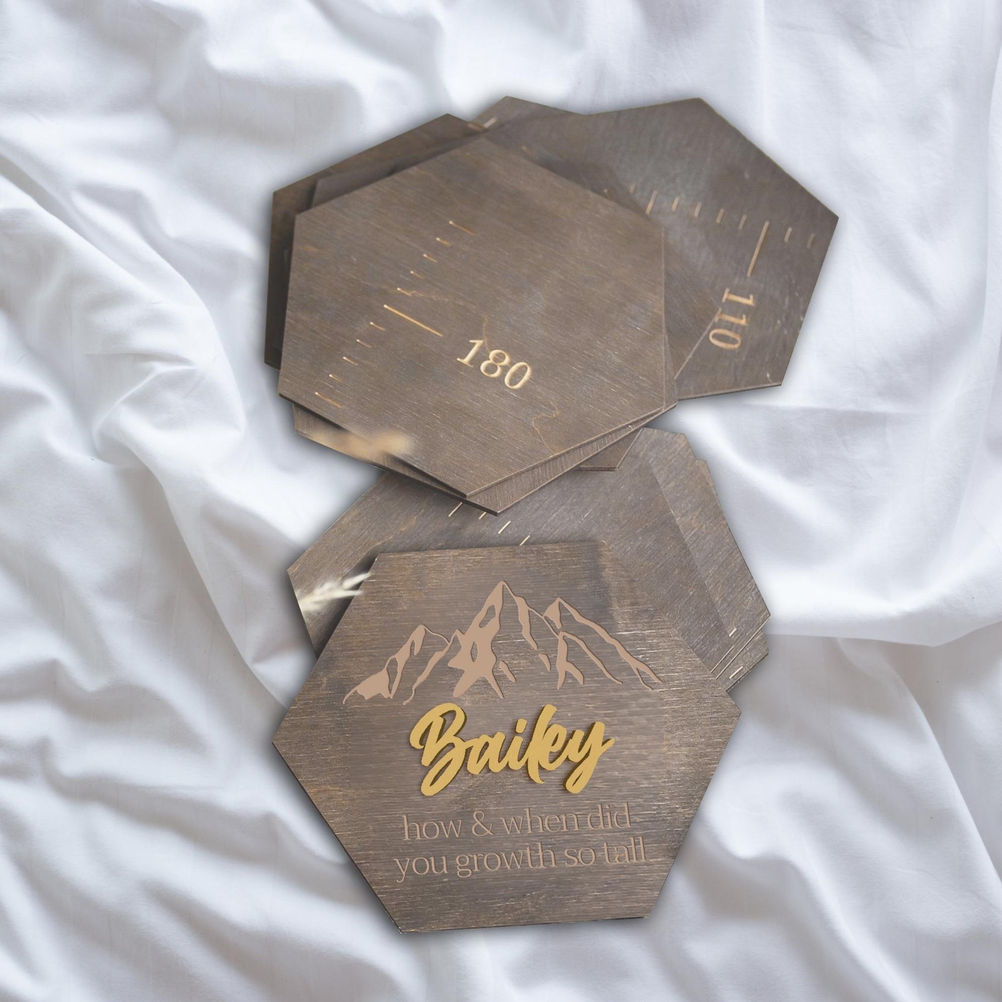 Custom Made 3D Raised Name Wooden Hexagon Kid Height Chart, Personalised Laser Cut & Engraved Family Growth Ruler Record, Nursery Wall Decor