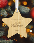 Personalised Mirror Acrylic/ Wood Tree Star Ornament, Engraved Custom Name Mr & Mrs First Christmas Married New Home, Bauble Gift Tag Decor