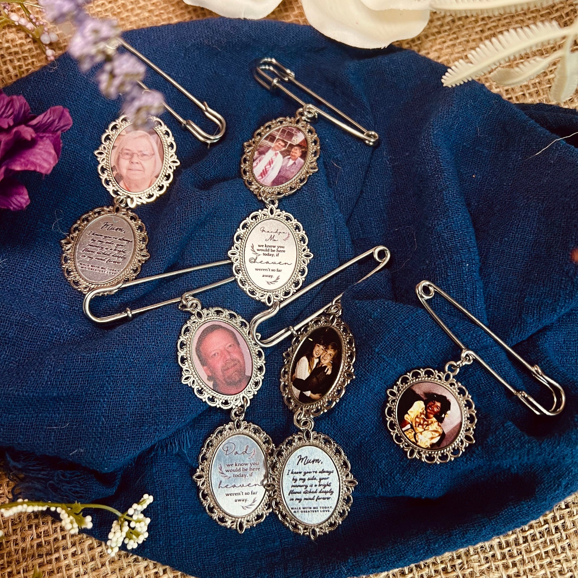 Personalised Photo & Message Memorial Groom Lapel Pin/ Tie Clip, Bridal Bouquet Charm, Vintage Brooch Pendant, Heaven Wedding Keepsake Gift