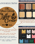 Color selection chart for a coffee corner sign with wood color options and paint color swatches.