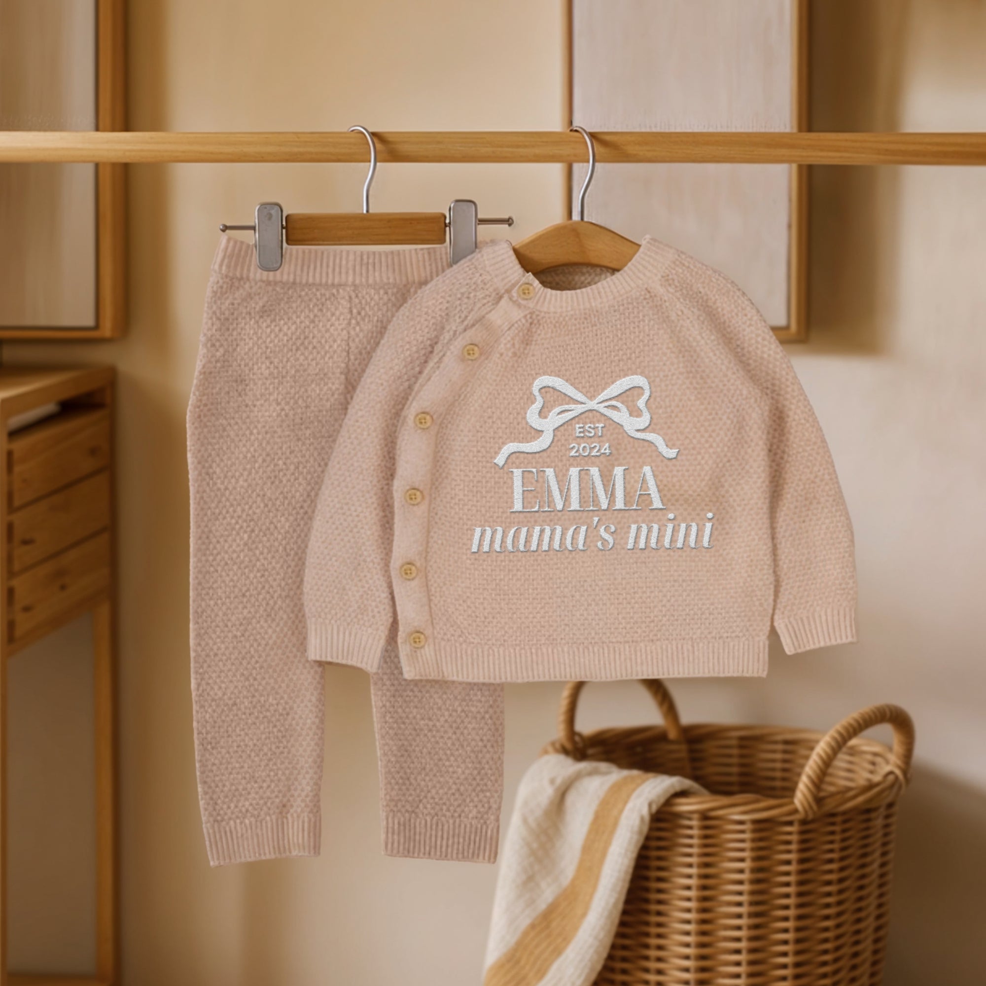 Custom Embroidered Knit Baby Name Long Top & Pant Set, Personalised Pregnant Announcement Kid Clothing, Christening, Birthday, New Mom Gift