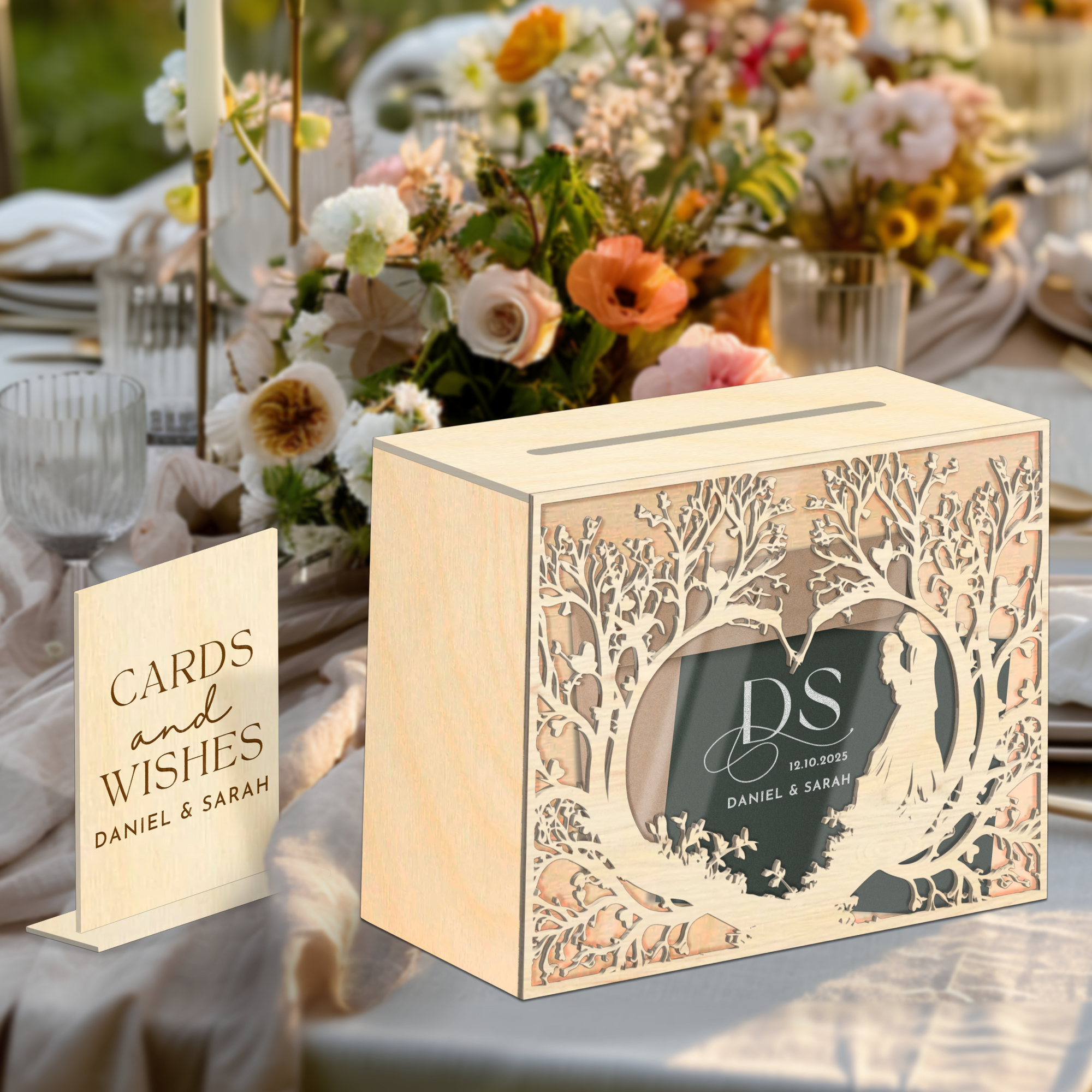 Custom Plywood Acrylic Family Couple Under Tree Wishing Well Box & Sign, Personalised Name Money Envelope, Card Wedding Memory Keepsake Gift