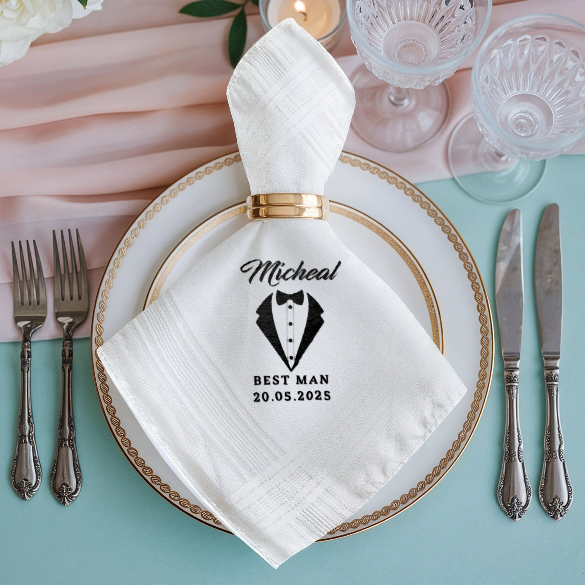 Custom Embroidered Handkerchief, Personalised Guest Table Name Place Towel Embroidery, Anniversary, Wedding Favors Bestman Groom Father Gift