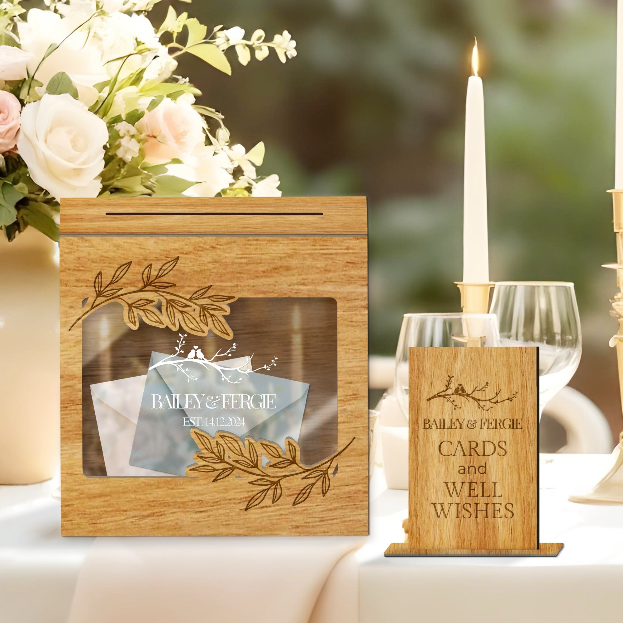Custom Wooden Acrylic Square Wishing Well Box & Sign, Personalised Name Date Money, Envelope Card Boxes, Rustic Wedding Memory Keepsake Gift