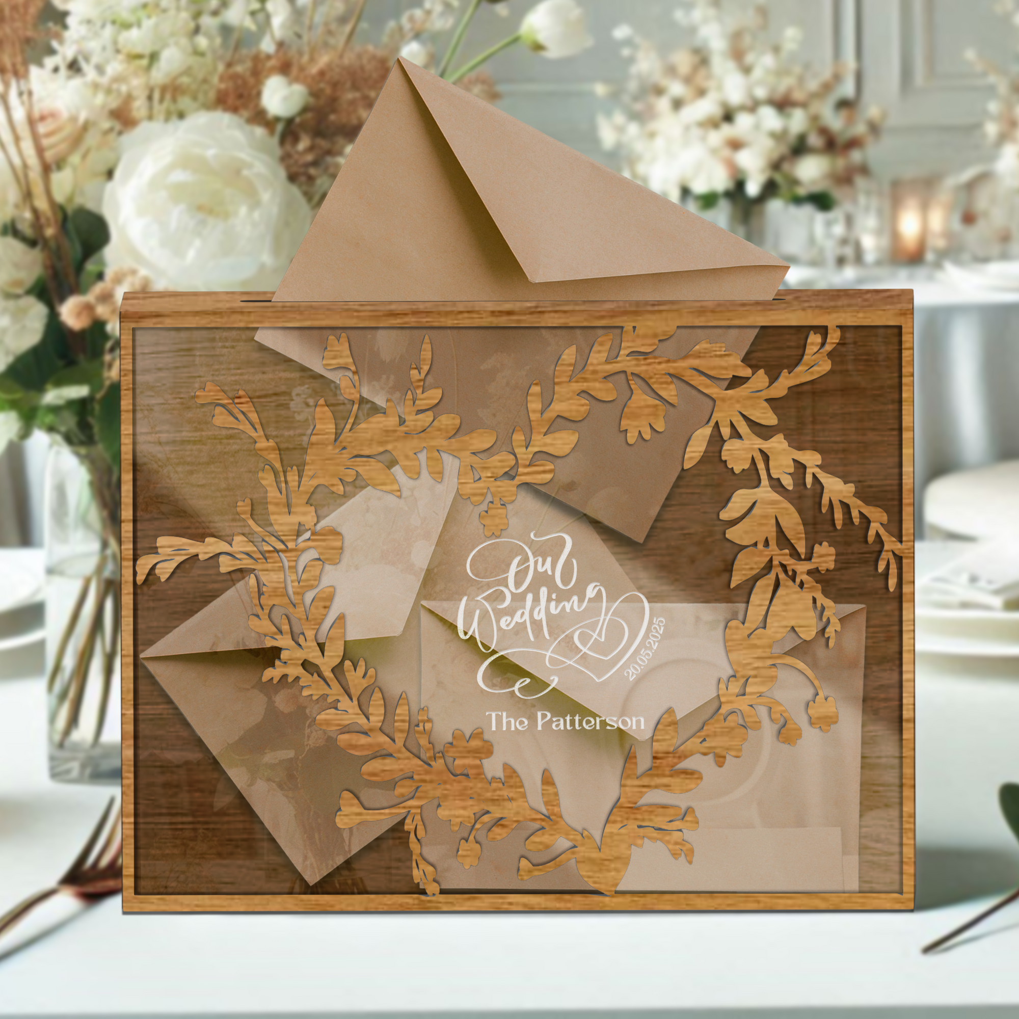 Custom Plywood Acrylic Family Heart Tree Wishing Well Box & Sign, Personalised Name Money Envelope, Card Wedding Boxes Memory Keepsake Gift