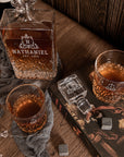 Custom Engraved Carving Old Fashion Whiskey Decanter Set, 4 Scotch Glasses & Wooden Box, Personalised Barware Dad, Groomsmen Corporate Gift