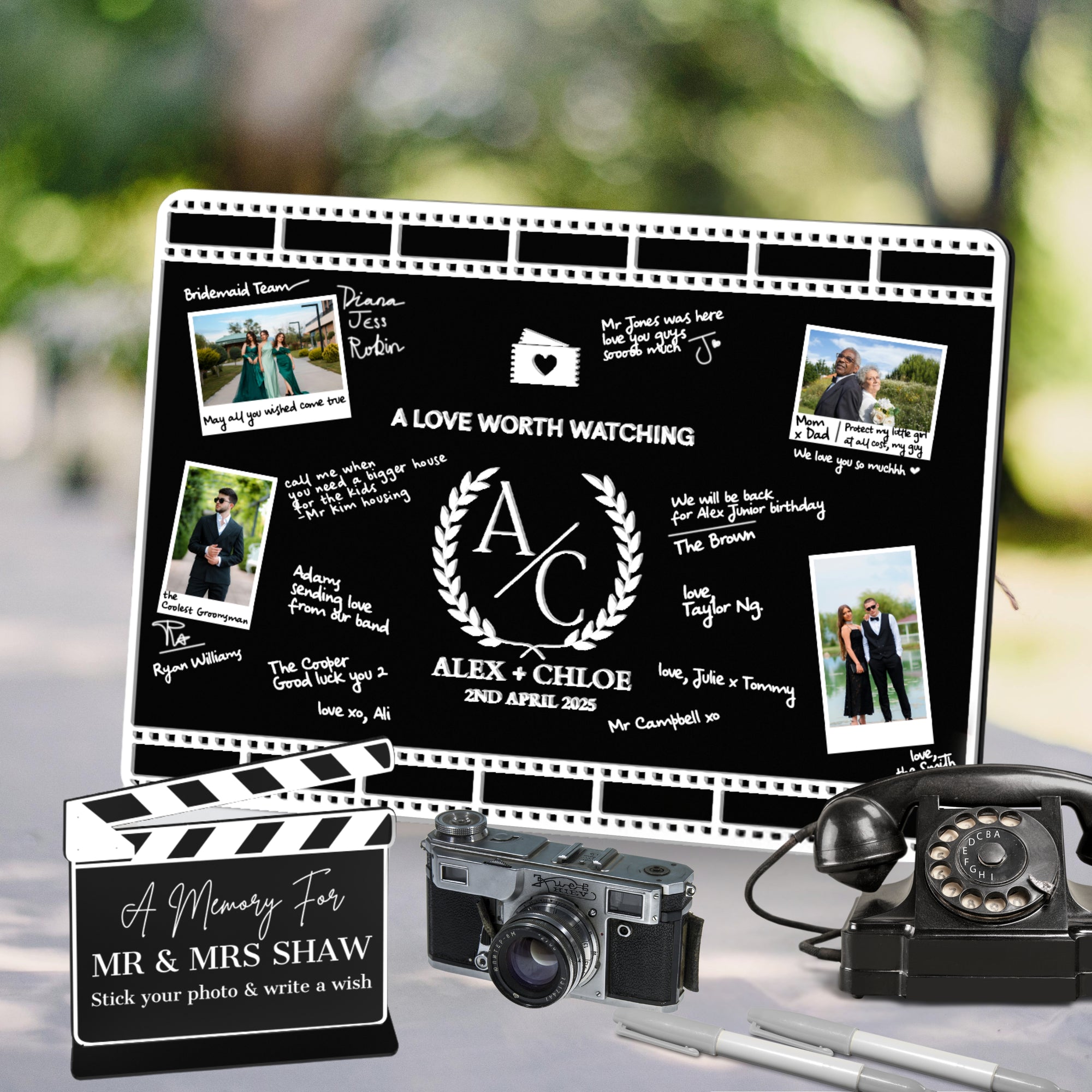 Custom 3D Acrylic Black Wedding Cinefilm Guest Book Alternative, Personalised Couple Name & Date Instax Polaroid Photo Sign, Welcome Signage