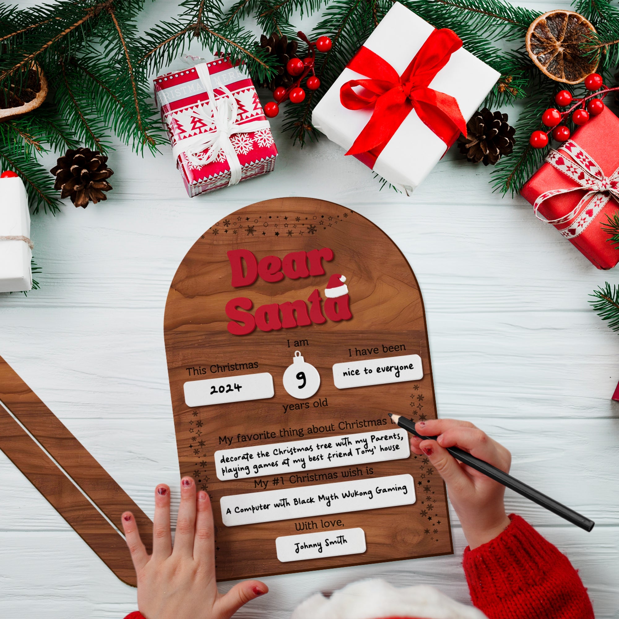 Custom Made 3D Raised Acrylic Dear Santa Letter Wish List Board Wooden Plaque | Christmas Erasable Sign, Holiday Gift Xmas Party Event Decor