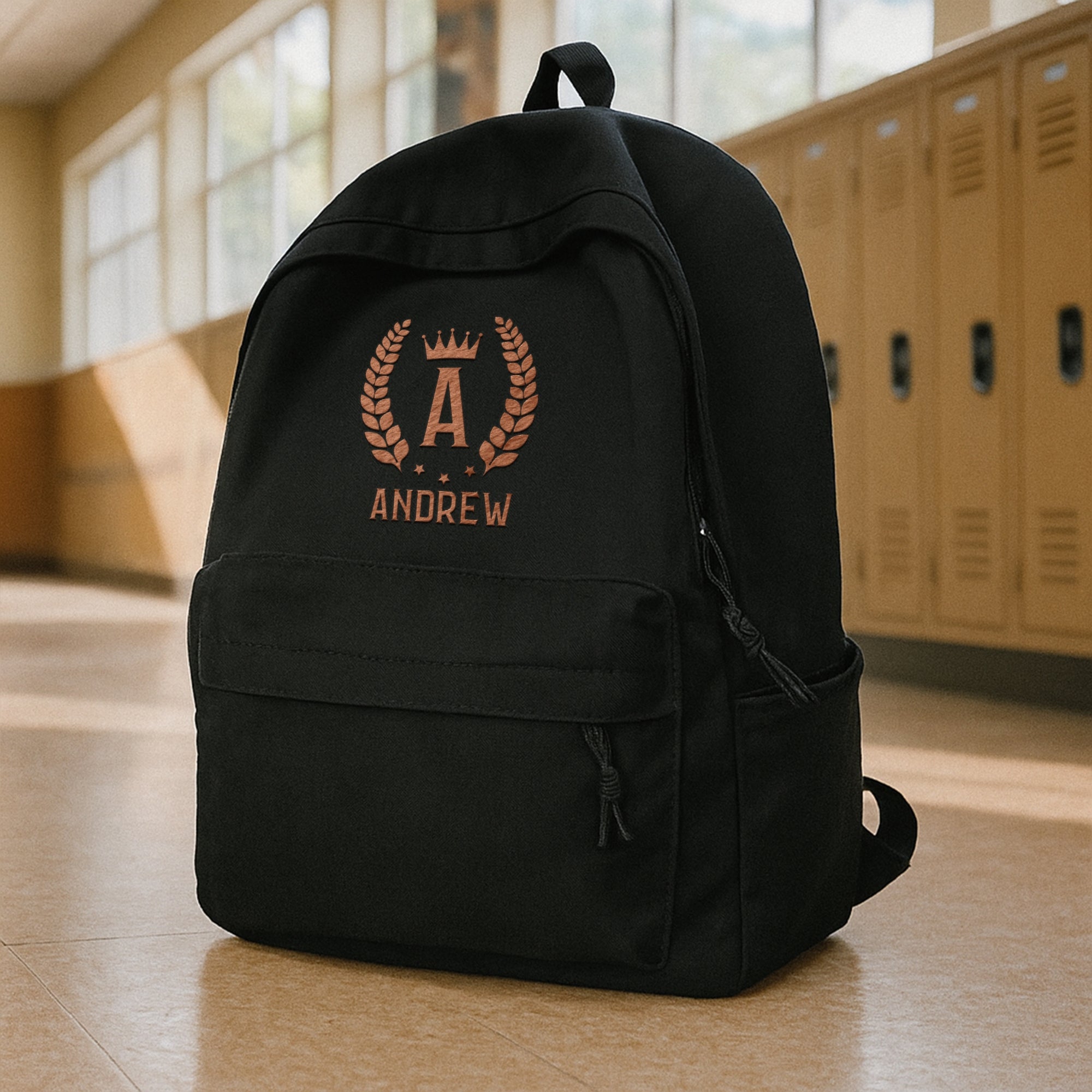 Custom Embroidered Black Laptop Backpack, Personalised Name Casual Zippered School Bag, University, Work, Travel, Graduation, Corporate Gift