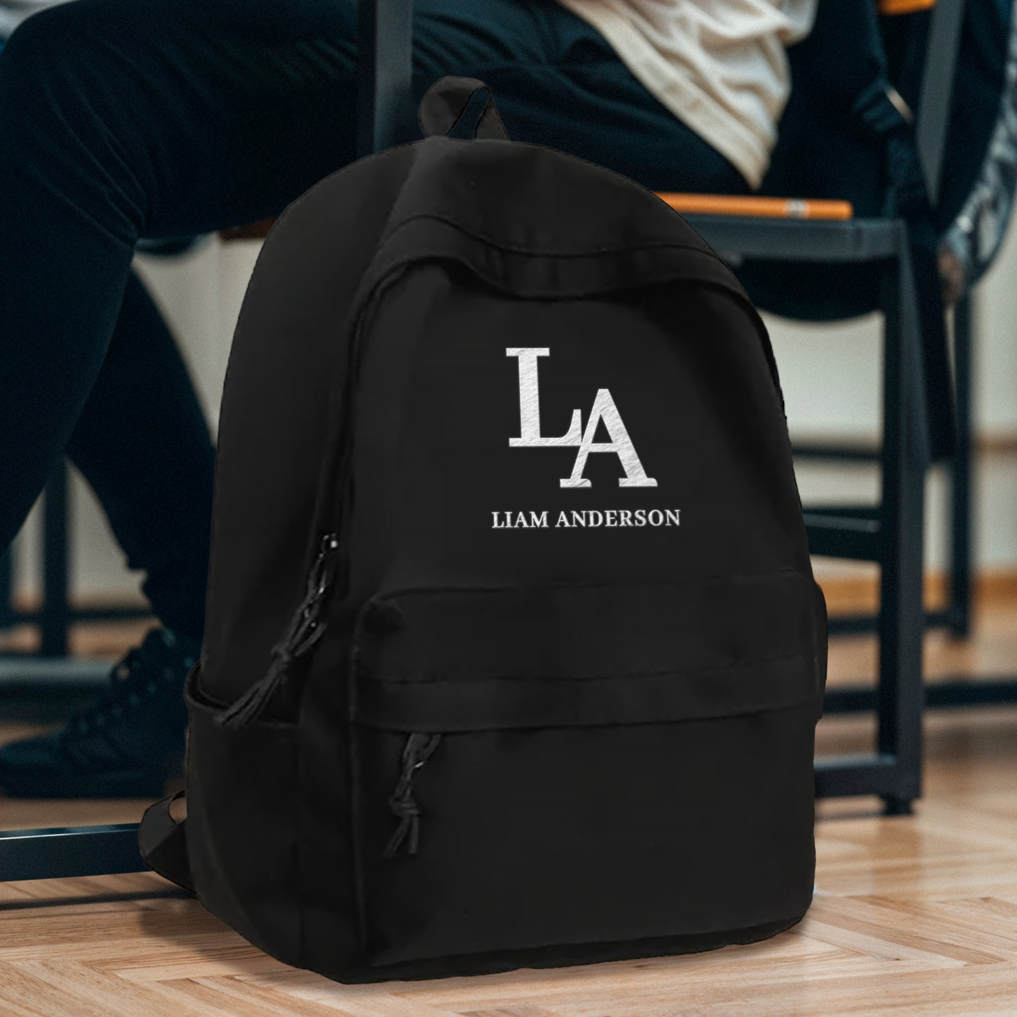 Custom Embroidered Black Laptop Backpack, Personalised Name Casual Zippered School Bag, University, Work, Travel, Graduation, Corporate Gift