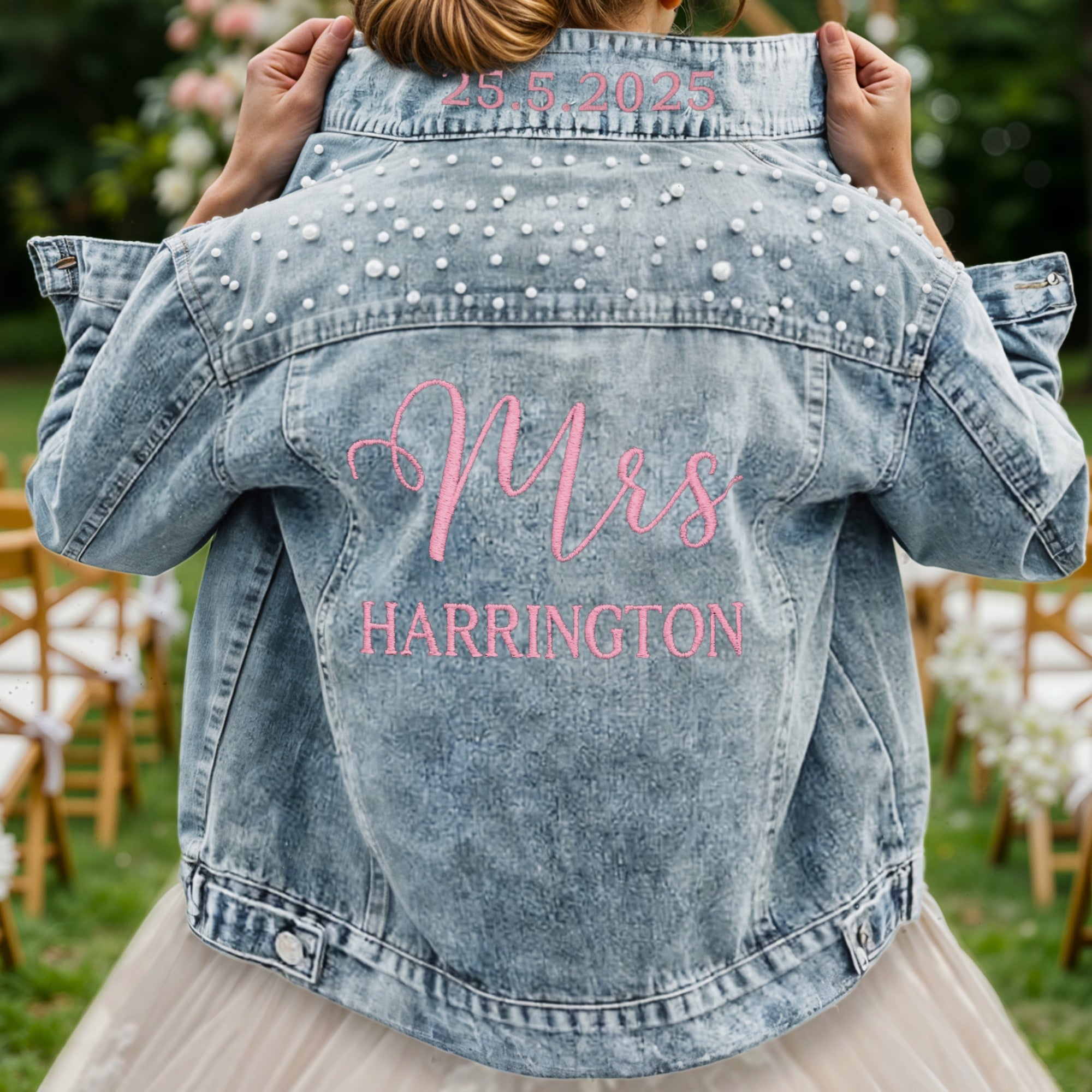Custom Embroidered Bride Pearl Denim Jacket, Personalised Embroidery Name Date LGBT Wedding Future Mrs Bridesmaid/ Honeymoon Hens Party Gift