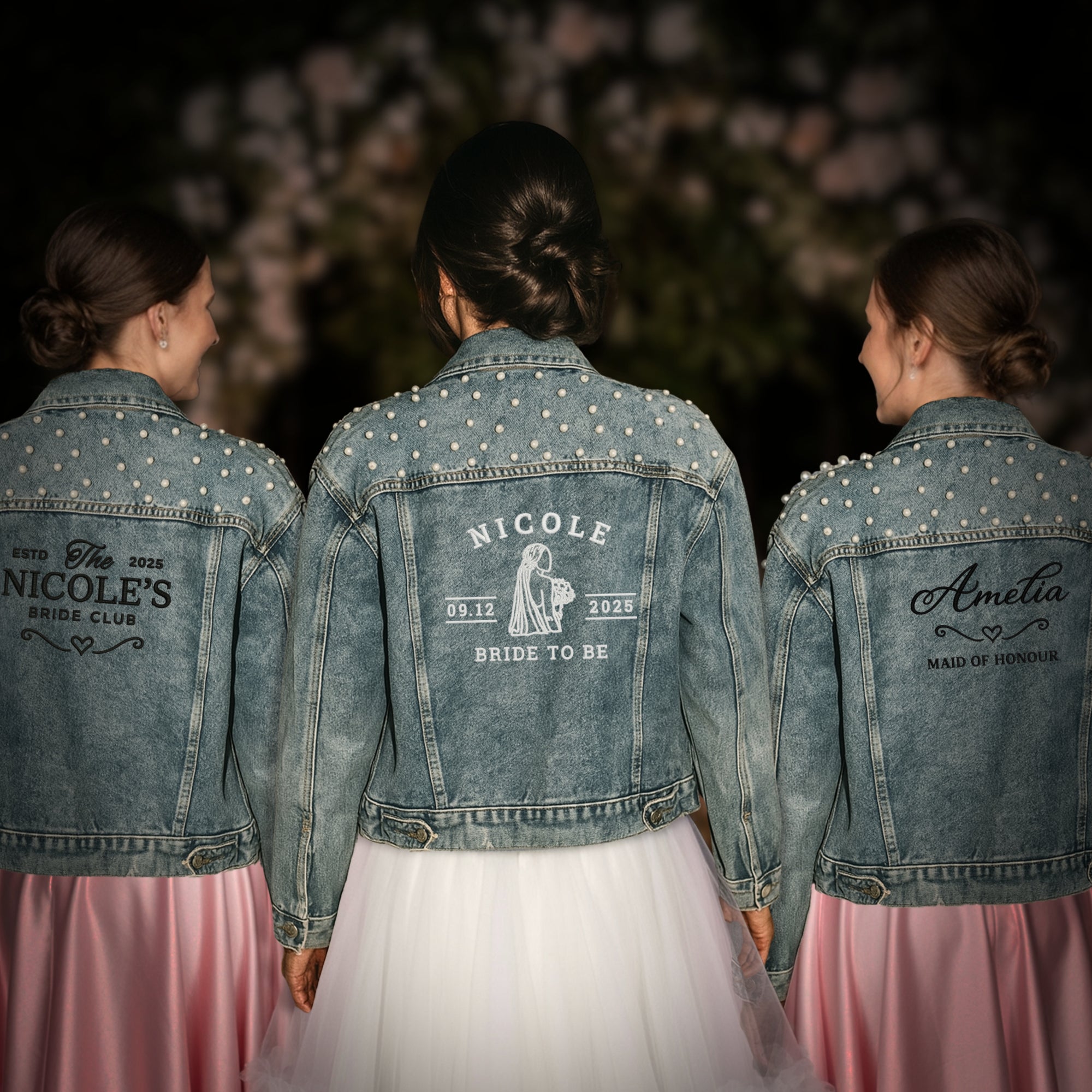 Custom Embroidered Bride Pearl Denim Jacket, Personalised Embroidery Name Date LGBT Wedding Future Mrs Bridesmaid/ Honeymoon Hens Party Gift