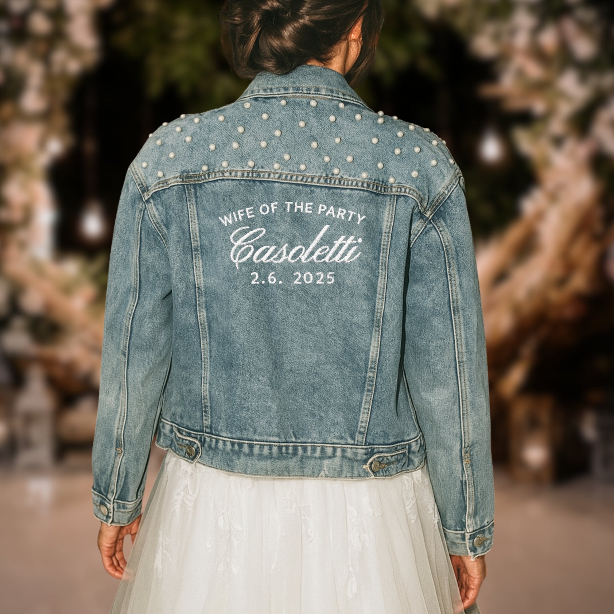 Custom Embroidered Bride Pearl Denim Jacket, Personalised Embroidery Name Date LGBT Wedding Future Mrs Bridesmaid/ Honeymoon Hens Party Gift