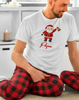 Custom Embroidered Christmas PJ Set, Personalised Name White T-shirt & Red Black Plaid Pants Couple Match Xmas Pyjama Festive Holiday Outfit