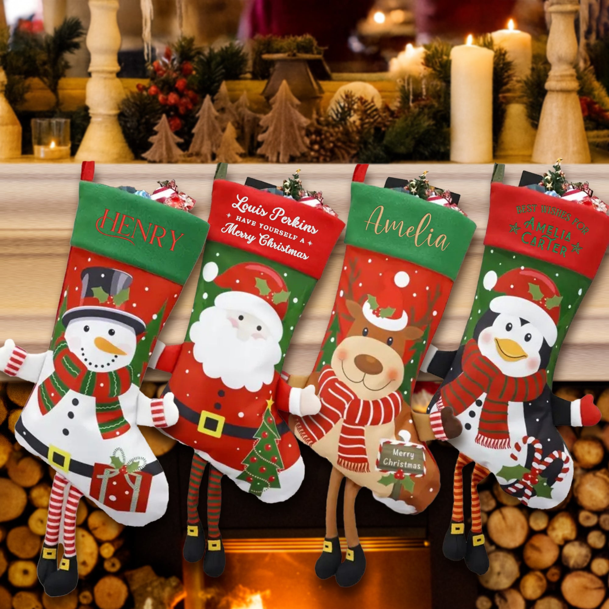 Custom Embroidered Festive Christmas Stocking, Personalised Merry Xmas Present Sock Santa Reindeer Holiday Decor Family Kid Gift Bag Storage