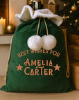 Custom Embroidered Pom Pom Velvet Christmas Bag, Personalised Xmas Present Santa Sack Holiday Decor Family Kid Gift Drawstring Pouch Storage