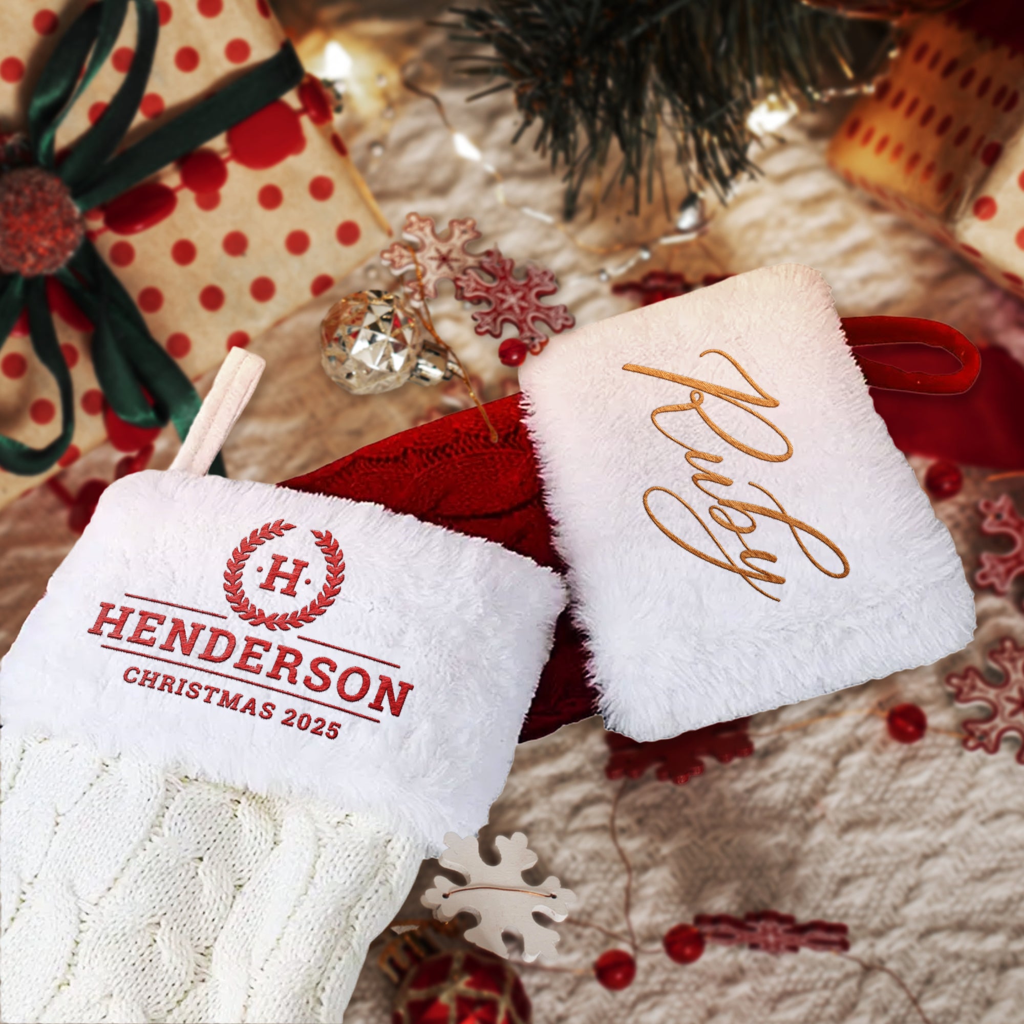 Custom Embroidered Knitted Pom Pom Christmas Stocking, Personalised Merry Xmas Present Sock, Santa Holiday Decor Family Kid Gift Bag Storage