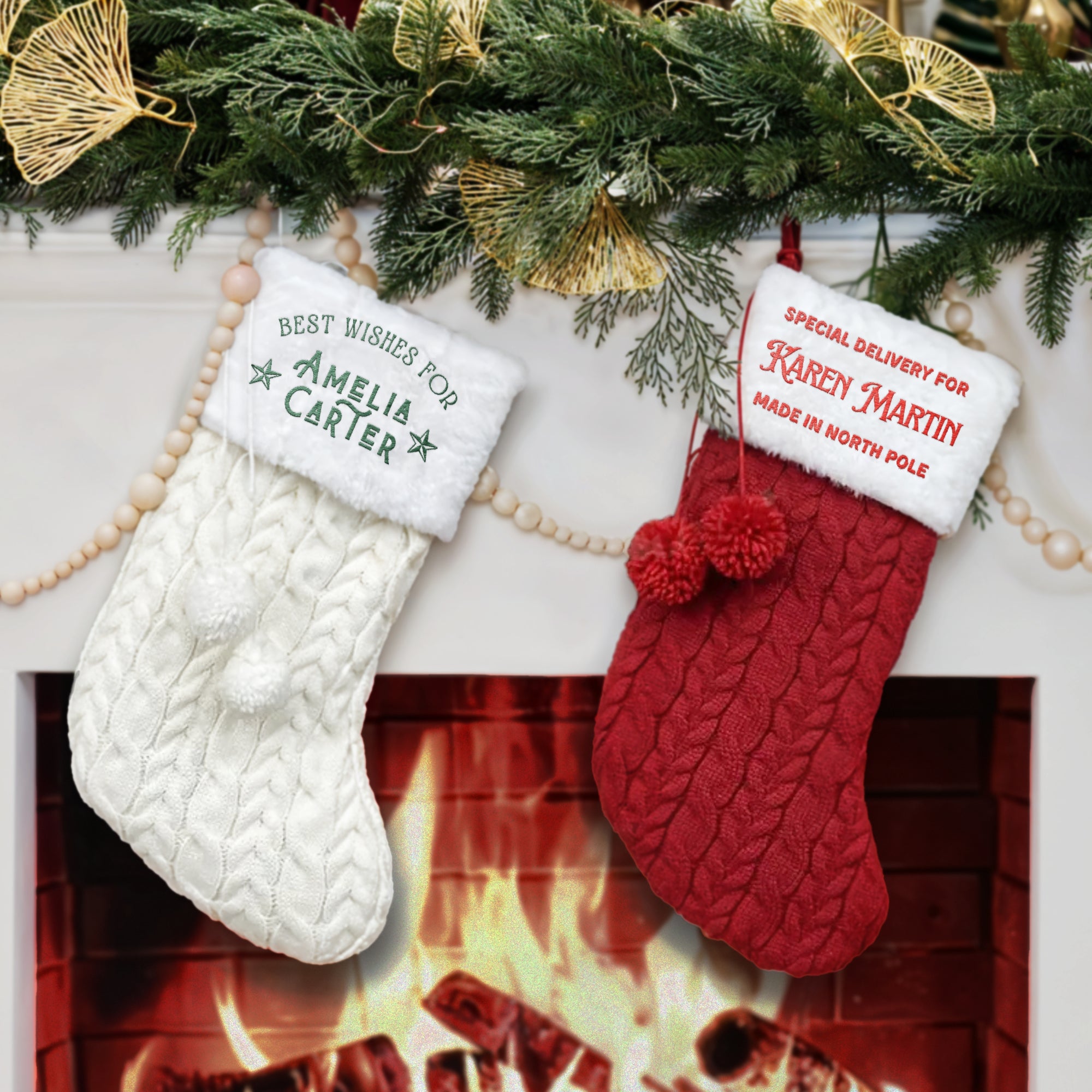 Custom Embroidered Knitted Pom Pom Christmas Stocking, Personalised Merry Xmas Present Sock, Santa Holiday Decor Family Kid Gift Bag Storage