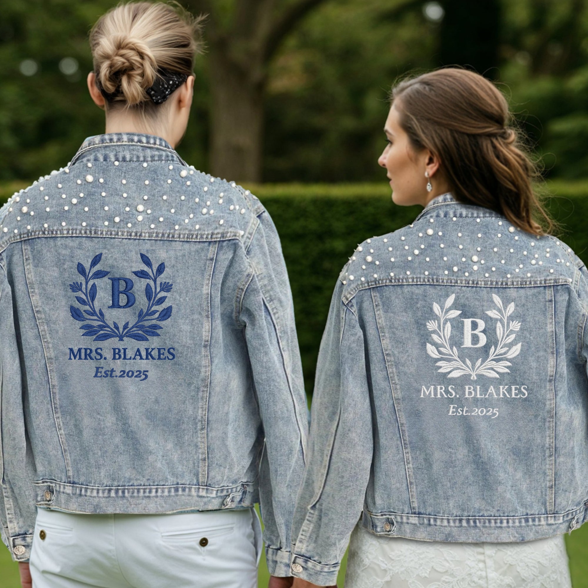 Custom Embroidered Bride Pearl Denim Jacket, Personalised Embroidery Name, Date Wedding Future Mrs/ Bridesmaid/ Honeymoon/ Hens Party Gift