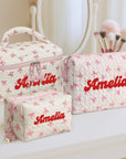 Custom Embroidered Pink Bow Quilted Makeup Bag Set, Personalised Cosmetic Pouch Travel Toiletry Storage, Bridesmaid Destination Wedding Gift
