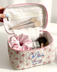 Custom Embroidered Pink Bow Quilted Makeup Bag Set, Personalised Cosmetic Pouch Travel Toiletry Storage, Bridesmaid Destination Wedding Gift