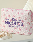 Custom Embroidered Pink Bow Quilted Makeup Bag Set, Personalised Cosmetic Pouch Travel Toiletry Storage, Bridesmaid Destination Wedding Gift