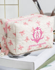 Custom Embroidered Pink Bow Quilted Makeup Bag Set, Personalised Cosmetic Pouch Travel Toiletry Storage, Bridesmaid Destination Wedding Gift