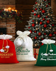 Custom Embroidered Pom Pom Velvet Christmas Bag, Personalised Xmas Present Santa Sack Holiday Decor Family Kid Gift Drawstring Pouch Storage