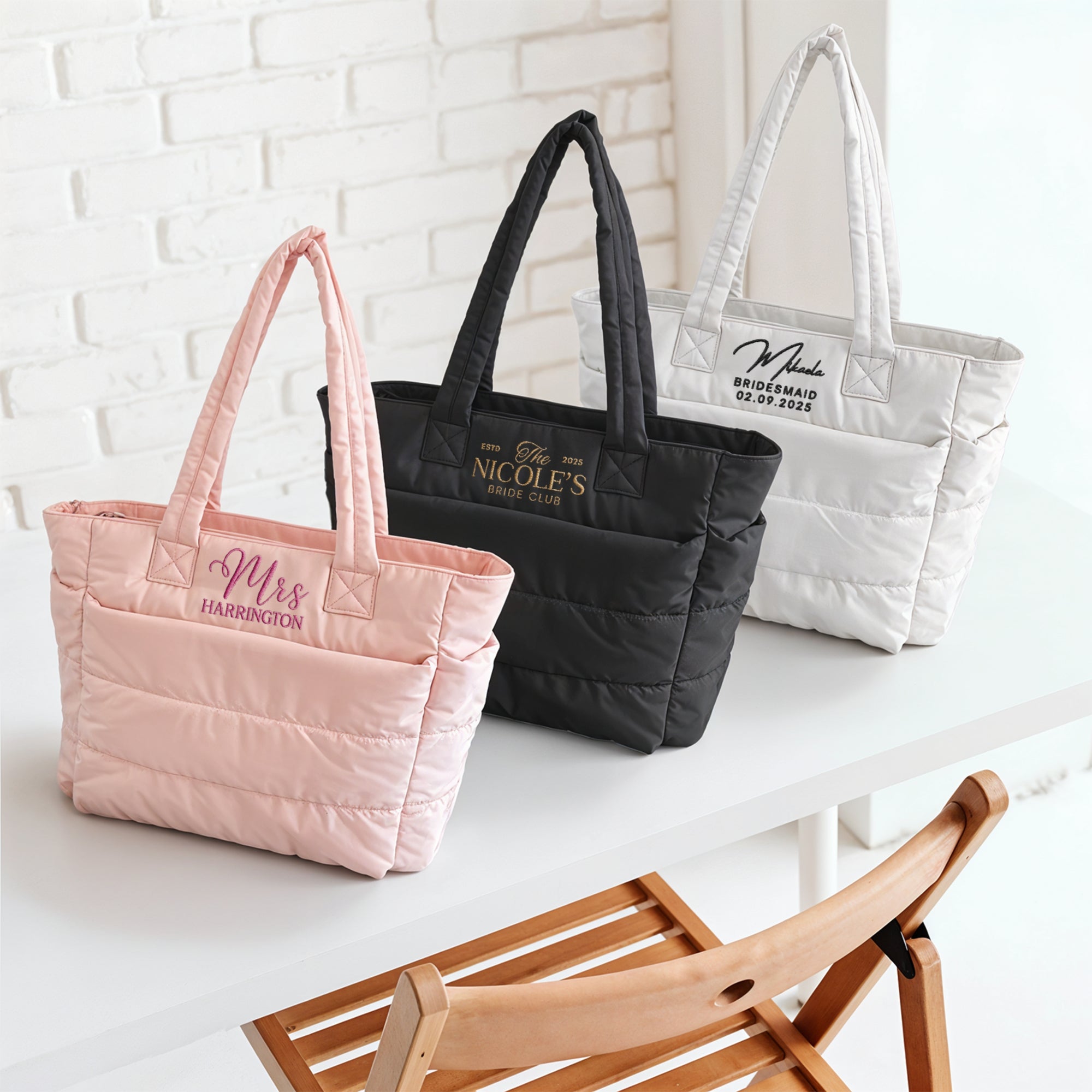 Custom Embroidered Quilted Tote & Pouch Set, Personalised Travel/ Gym School Shoulder Puffer Bag, Bridesmaid, Mom, Xmas Logo Corporate Gift